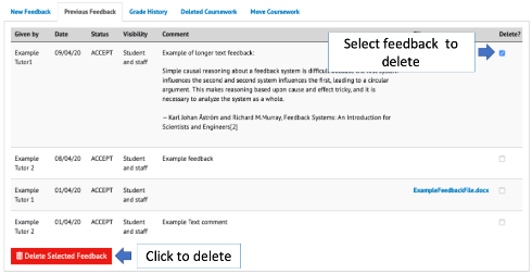 An example of the 'Previous feedback' tab with tags explaining how to delete feedback